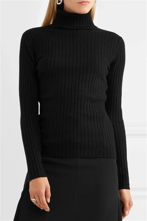 Turtleneck Sweater Black Cashmere and Silk Ribbed Knit 